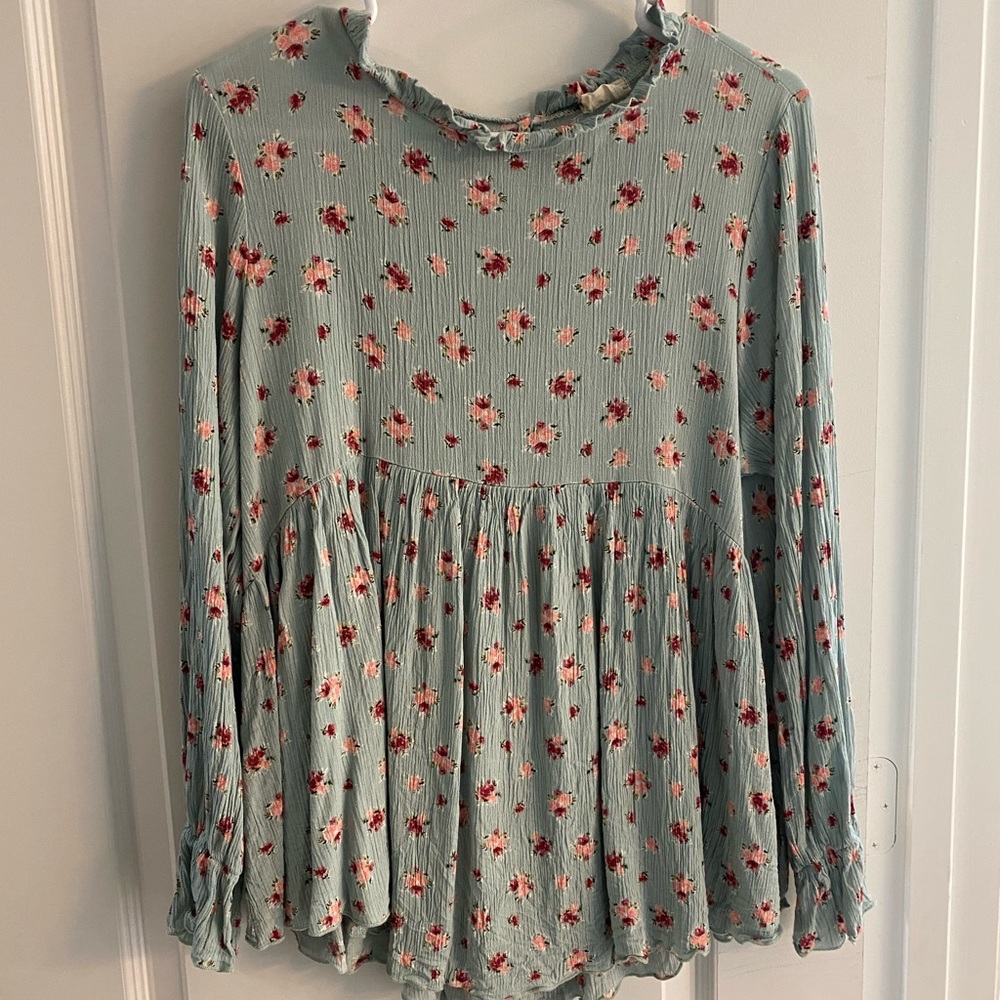Pinkblush mint floral, ruffle, mock neck maternity top
